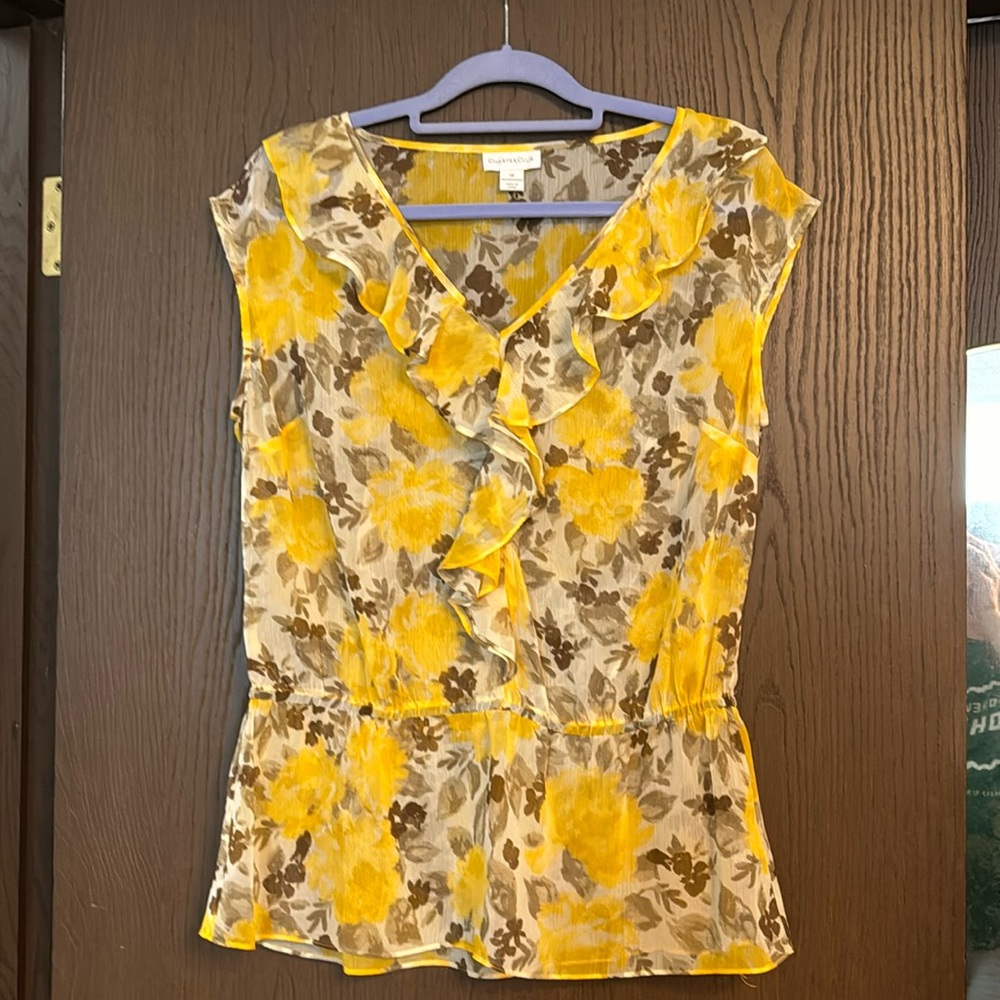 Charter Club / Yellow Floral Sleeveless Sheer Ruffle Blouse / Drop Waist / 14